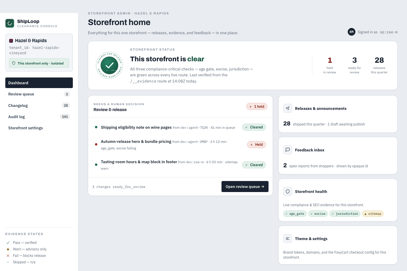 Storefront admin home: a clearance status hero with a green seal reading 'this storefront is clear', a Review & release module listing three queued changes, and tiles for releases, feedback, storefront health and settings.