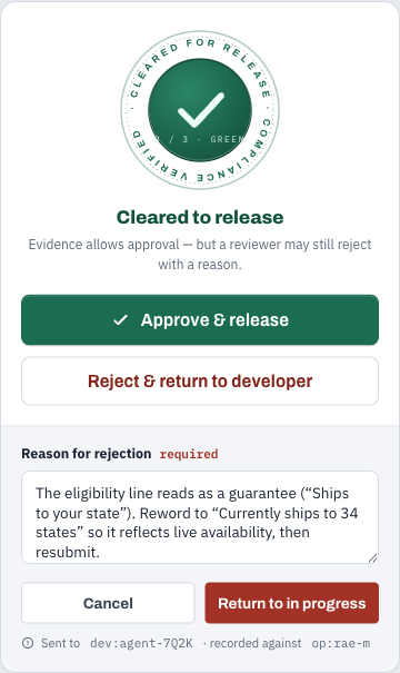 The reject flow: a green 'cleared to release' seal with the reject form open, a typed reason explaining the eligibility wording should not read as a guarantee, and a 'Return to in progress' button, noting it is sent to the developer's opaque id.