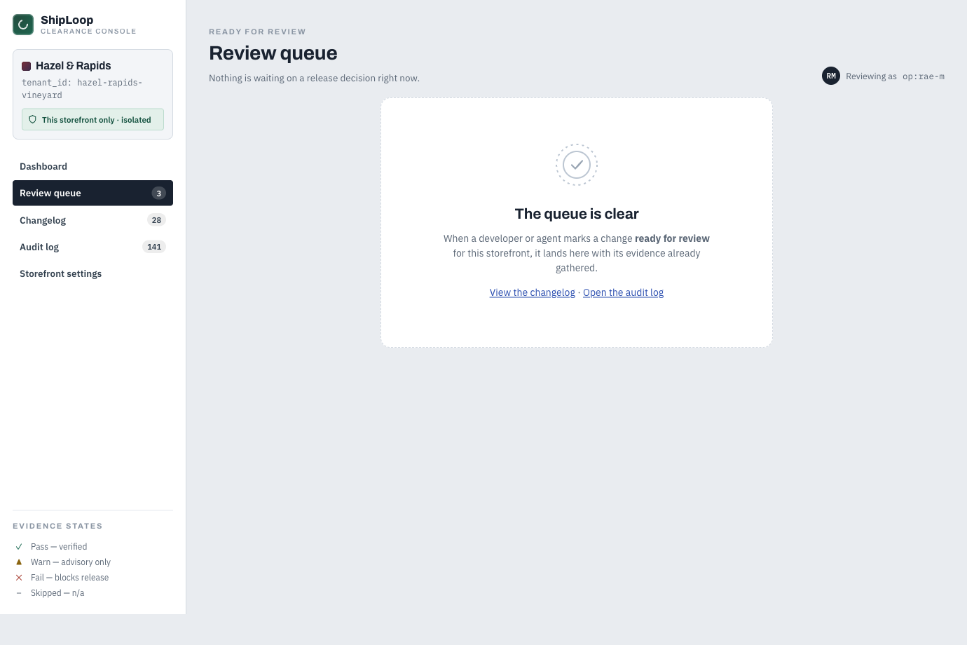 The empty review queue: a dashed seal outline and the message 'the queue is clear — when a developer or agent marks a change ready for review for this storefront, it lands here with its evidence already gathered.'